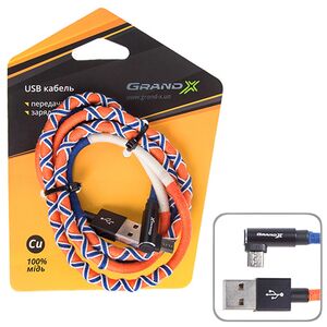 Кабель Grand-X крафтового, ручна робота USB-microUSB FM-08OB 2,1A, 1m, Orange/Blue, кут. microUSB (F