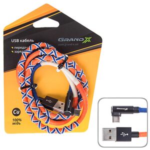 Кабель Grand-X крафтового, ручна робота USB-TypeC FC-08OB 2,1A, 1m, Orange/Blue, кут. TypeC (FC-08OB