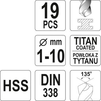 Свердла по металу титанові HSS-TiN ?= 1-10 мм. Набір/19 Шт., YT-44675 YATO